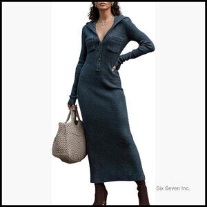 Slim-Fit Knit Maxi Sweater Dress with Hood, V-Neck, and Pockets